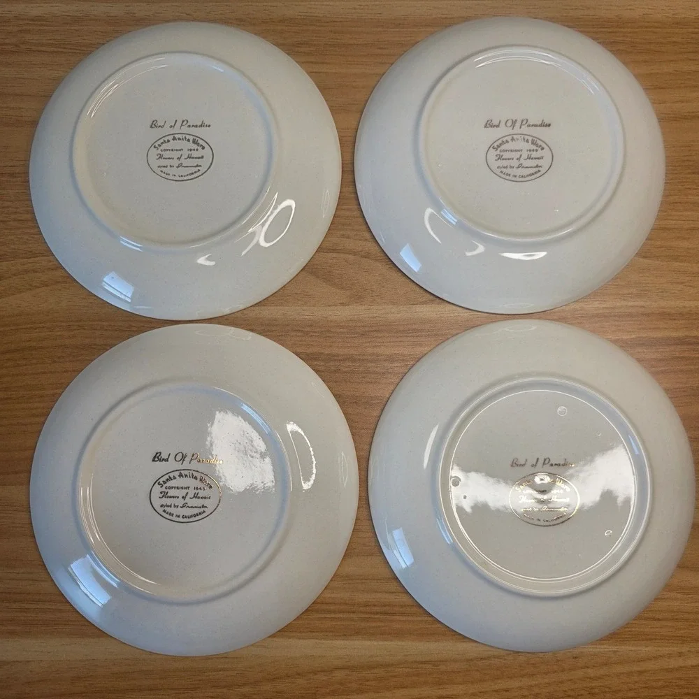 Santa Anita Ware Flowers Of Hawaii Bird Of Paradise 8 Bread & Butter Plates 1949